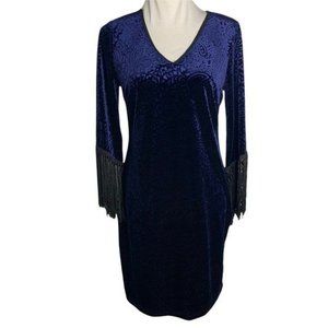 Spense Burnout Velvet Shift Dress 8 Blue Burnout Half Sleeve Fringe Goth